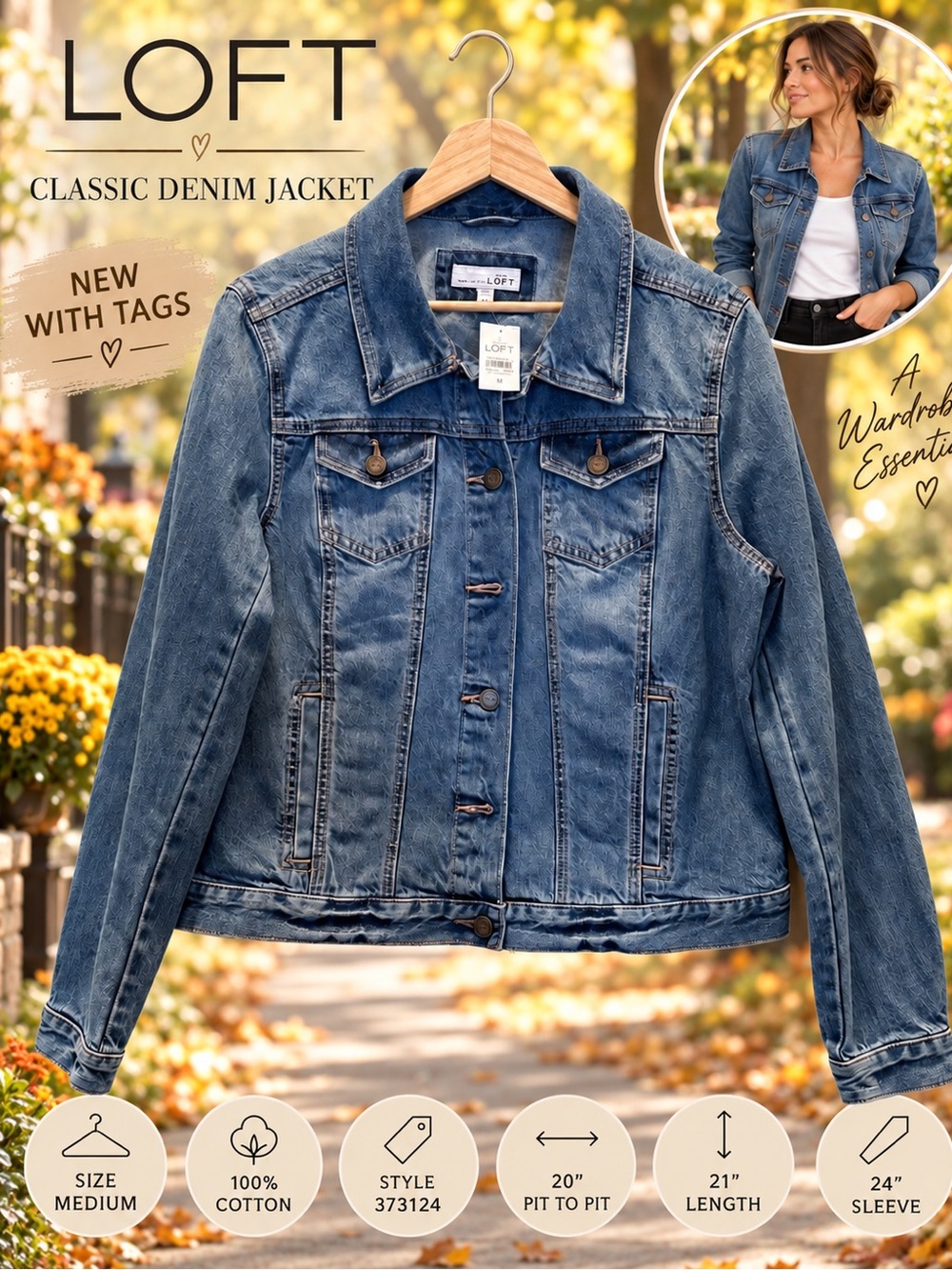 LOFT Classic Medium Wash Denim Trucker Jacket Size M New With Tag
